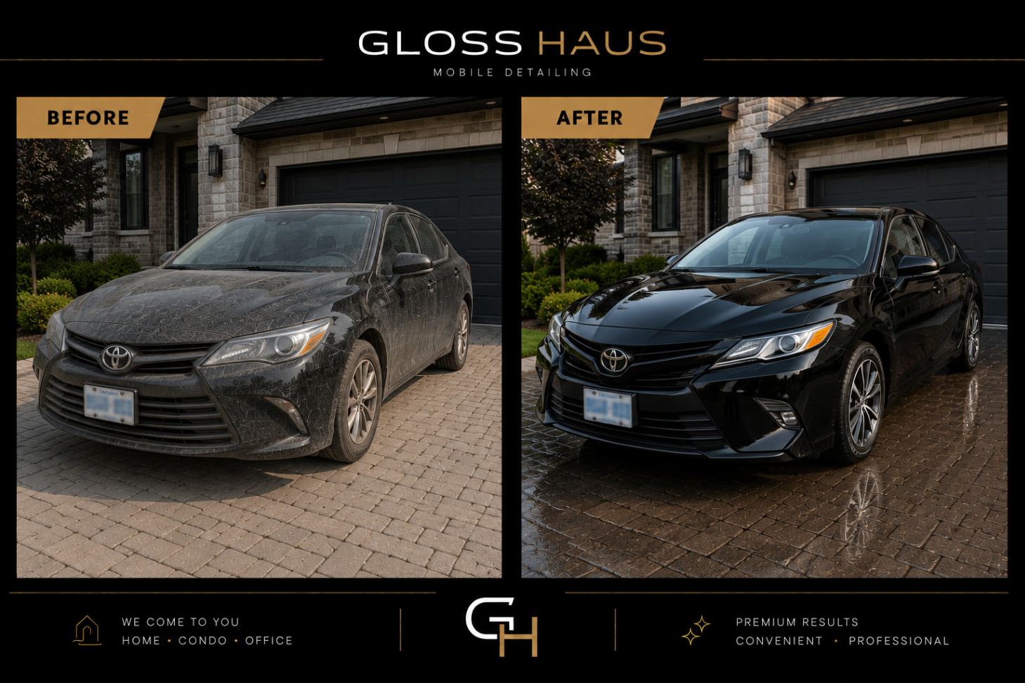 Before and after exterior detail of a black Toyota Camry in a residential driveway