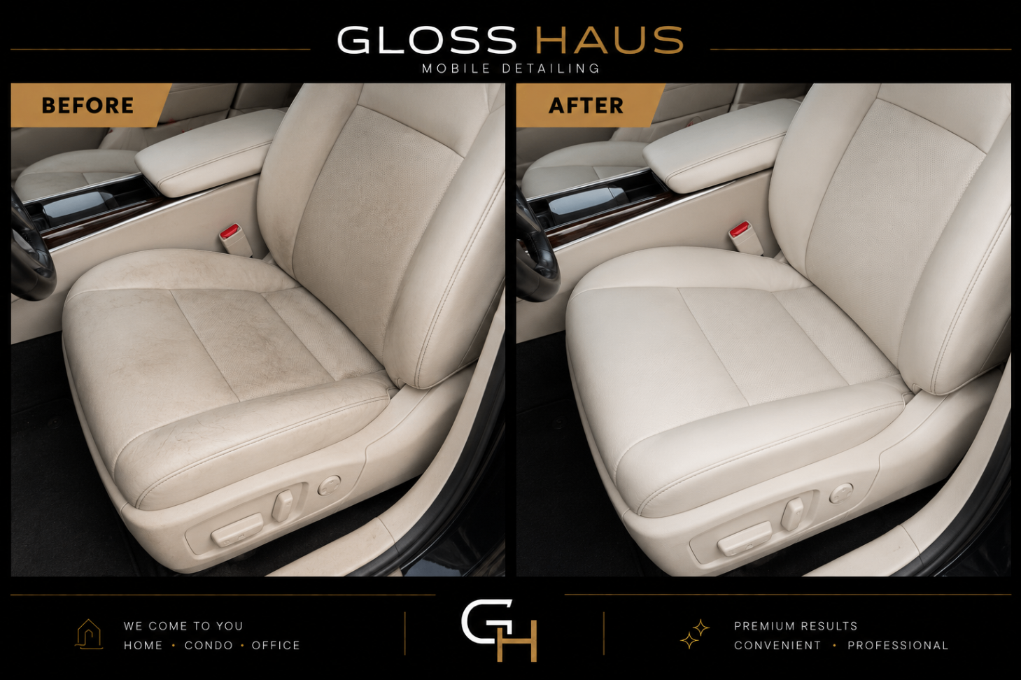 Before and after close-up of a cleaned cream leather car seat